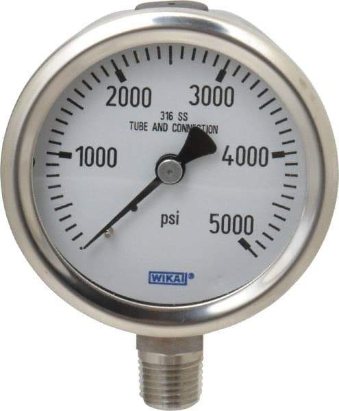 Wika - 2-1/2" Dial, 1/4 Thread, 0-5,000 Scale Range, Pressure Gauge - Lower Connection Mount, Accurate to 1.5% of Scale - Exact Tool & Supply