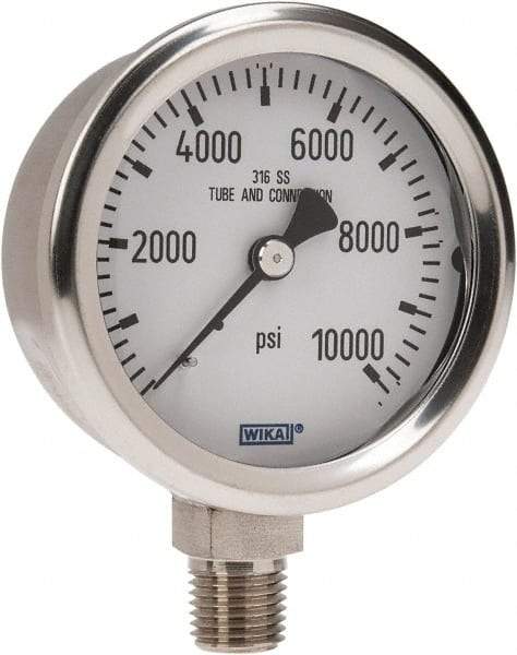 Wika - 2-1/2" Dial, 1/4 Thread, 0-10,000 Scale Range, Pressure Gauge - Lower Connection Mount, Accurate to 1.5% of Scale - Exact Tool & Supply