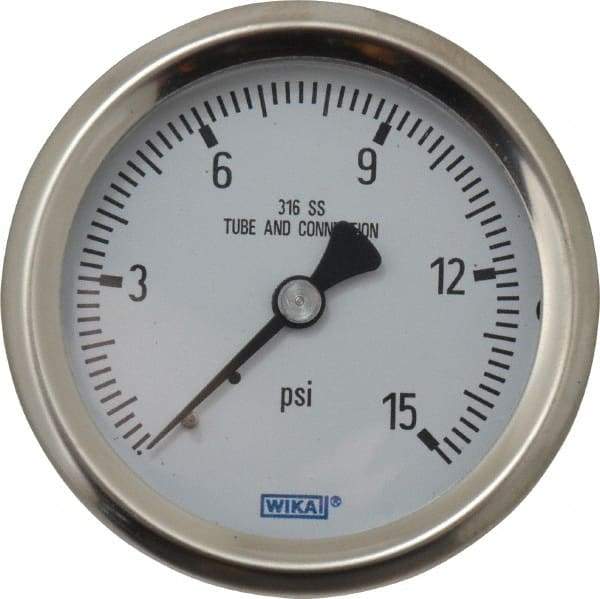 Wika - 2-1/2" Dial, 1/4 Thread, 0-15 Scale Range, Pressure Gauge - Center Back Connection Mount, Accurate to 1.5% of Scale - Exact Tool & Supply
