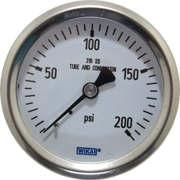 Wika - 2-1/2" Dial, 1/4 Thread, 0-200 Scale Range, Pressure Gauge - Center Back Connection Mount, Accurate to 1.5% of Scale - Exact Tool & Supply