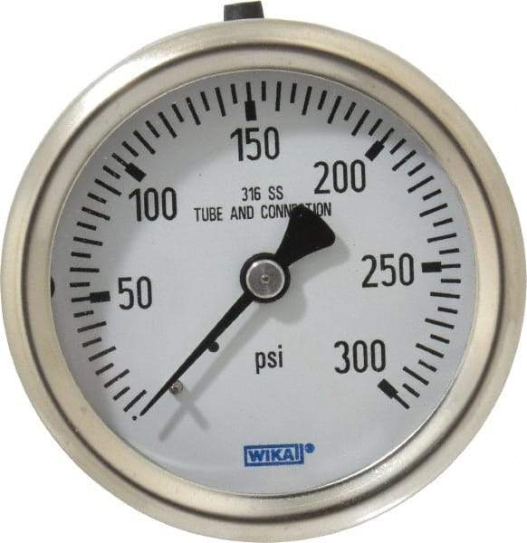 Wika - 2-1/2" Dial, 1/4 Thread, 0-300 Scale Range, Pressure Gauge - Center Back Connection Mount, Accurate to 1.5% of Scale - Exact Tool & Supply