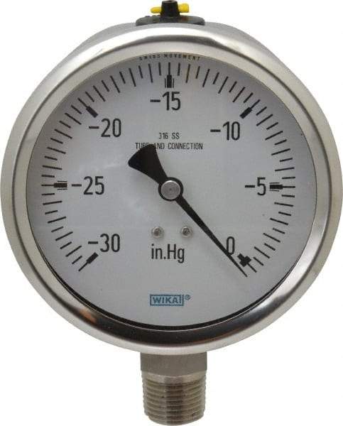 Wika - 4" Dial, 1/2 Thread, 30-0 Scale Range, Pressure Gauge - Lower Connection Mount, Accurate to 1% of Scale - Exact Tool & Supply