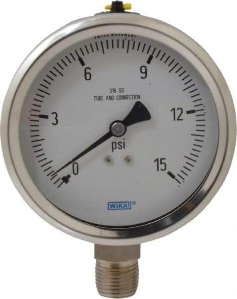 Wika - 4" Dial, 1/2 Thread, 0-15 Scale Range, Pressure Gauge - Lower Connection Mount, Accurate to 1% of Scale - Exact Tool & Supply