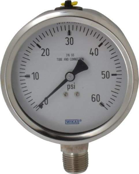 Wika - 4" Dial, 1/2 Thread, 0-60 Scale Range, Pressure Gauge - Lower Connection Mount, Accurate to 1% of Scale - Exact Tool & Supply