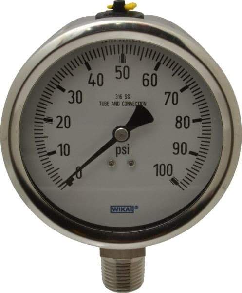 Wika - 4" Dial, 1/2 Thread, 0-100 Scale Range, Pressure Gauge - Lower Connection Mount, Accurate to 1% of Scale - Exact Tool & Supply