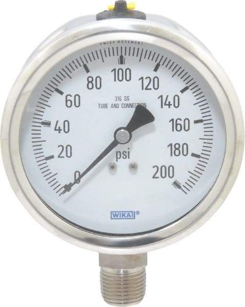 Wika - 4" Dial, 1/2 Thread, 0-200 Scale Range, Pressure Gauge - Lower Connection Mount, Accurate to 1% of Scale - Exact Tool & Supply