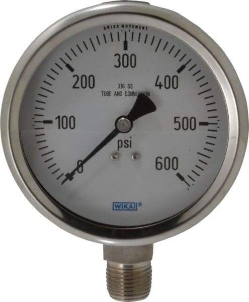 Wika - 4" Dial, 1/2 Thread, 0-600 Scale Range, Pressure Gauge - Lower Connection Mount, Accurate to 1% of Scale - Exact Tool & Supply