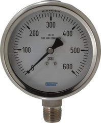 Wika - 4" Dial, 1/2 Thread, 0-600 Scale Range, Pressure Gauge - Lower Connection Mount, Accurate to 1% of Scale - Exact Tool & Supply