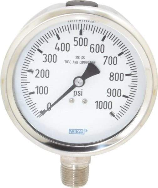 Wika - 4" Dial, 1/2 Thread, 0-1,000 Scale Range, Pressure Gauge - Lower Connection Mount, Accurate to 1% of Scale - Exact Tool & Supply