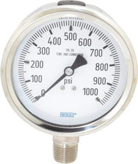 Wika - 4" Dial, 1/2 Thread, 0-1,000 Scale Range, Pressure Gauge - Lower Connection Mount, Accurate to 1% of Scale - Exact Tool & Supply