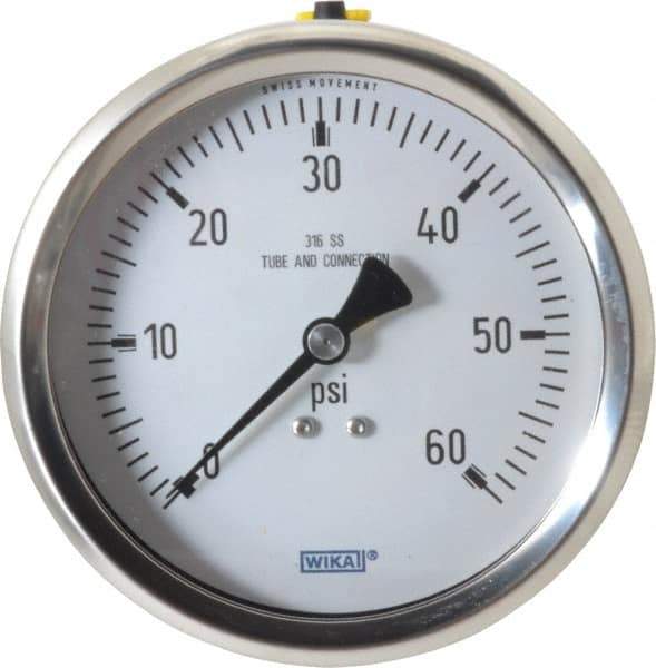 Wika - 4" Dial, 1/2 Thread, 0-60 Scale Range, Pressure Gauge - Lower Back Connection Mount, Accurate to 1% of Scale - Exact Tool & Supply
