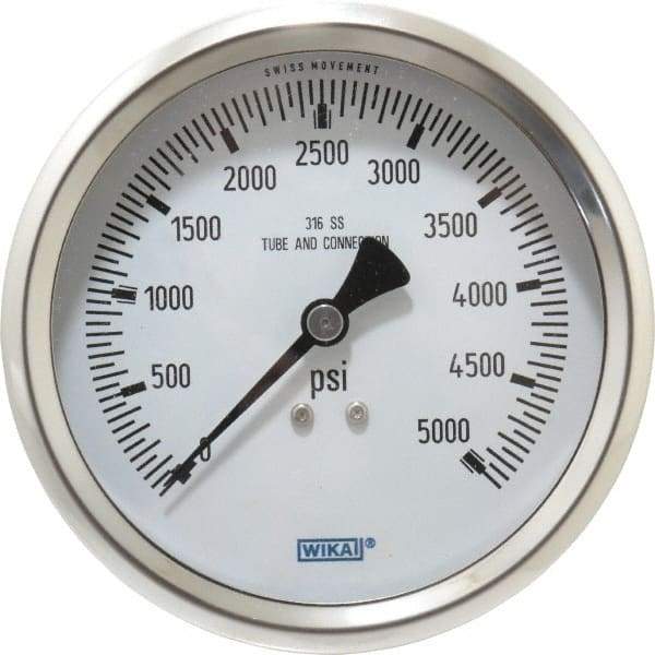 Wika - 4" Dial, 1/2 Thread, 0-5,000 Scale Range, Pressure Gauge - Lower Back Connection Mount, Accurate to 1% of Scale - Exact Tool & Supply
