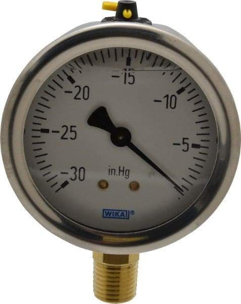 Wika - 2-1/2" Dial, 1/4 Thread, 30-0 Scale Range, Pressure Gauge - Lower Connection Mount, Accurate to 1.5% of Scale - Exact Tool & Supply