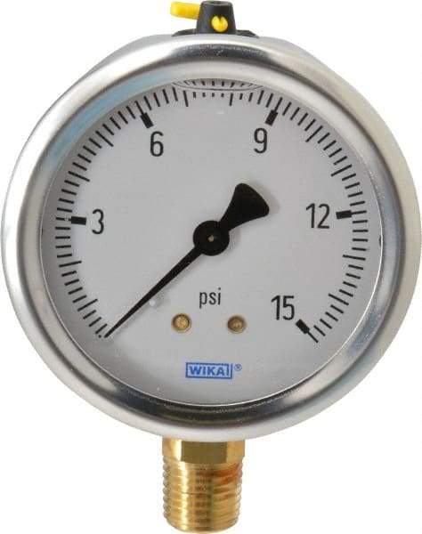Wika - 2-1/2" Dial, 1/4 Thread, 0-15 Scale Range, Pressure Gauge - Lower Connection Mount, Accurate to 1.5% of Scale - Exact Tool & Supply