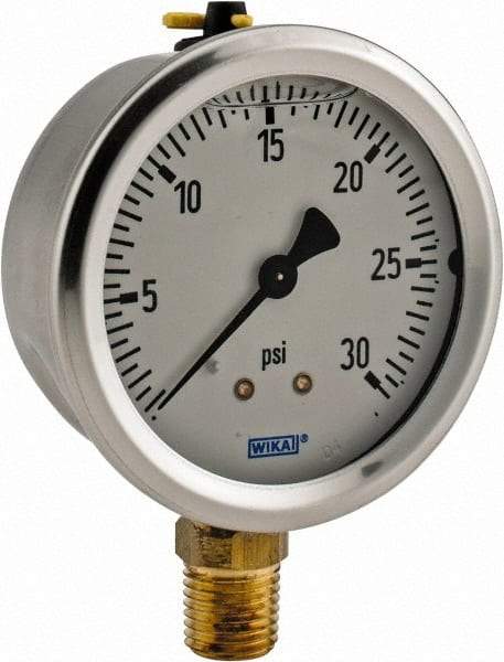 Wika - 2-1/2" Dial, 1/4 Thread, 0-30 Scale Range, Pressure Gauge - Lower Connection Mount, Accurate to 1.5% of Scale - Exact Tool & Supply