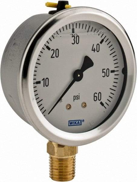 Wika - 2-1/2" Dial, 1/4 Thread, 0-60 Scale Range, Pressure Gauge - Lower Connection Mount, Accurate to 1.5% of Scale - Exact Tool & Supply