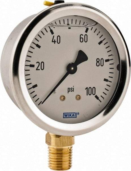 Wika - 2-1/2" Dial, 1/4 Thread, 0-100 Scale Range, Pressure Gauge - Lower Connection Mount, Accurate to 2-1-2% of Scale - Exact Tool & Supply