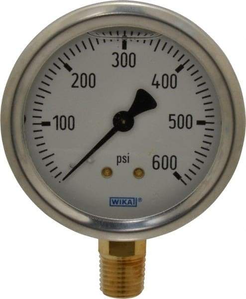 Wika - 2-1/2" Dial, 1/4 Thread, 0-600 Scale Range, Pressure Gauge - Lower Connection Mount, Accurate to 1.5% of Scale - Exact Tool & Supply