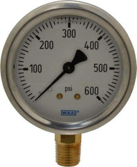Wika - 2-1/2" Dial, 1/4 Thread, 0-600 Scale Range, Pressure Gauge - Lower Connection Mount, Accurate to 1.5% of Scale - Exact Tool & Supply