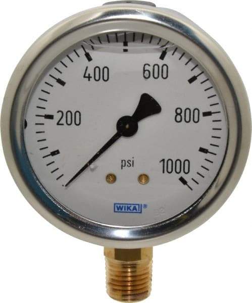 Wika - 2-1/2" Dial, 1/4 Thread, 0-1,000 Scale Range, Pressure Gauge - Lower Connection Mount, Accurate to 1.5% of Scale - Exact Tool & Supply