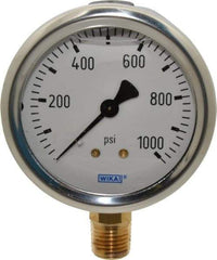 Wika - 2-1/2" Dial, 1/4 Thread, 0-1,000 Scale Range, Pressure Gauge - Lower Connection Mount, Accurate to 1.5% of Scale - Exact Tool & Supply