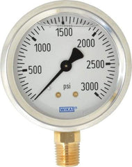 Wika - 2-1/2" Dial, 1/4 Thread, 0-3,000 Scale Range, Pressure Gauge - Lower Connection Mount, Accurate to 1.5% of Scale - Exact Tool & Supply