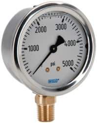 Wika - 2-1/2" Dial, 1/4 Thread, 0-5,000 Scale Range, Pressure Gauge - Lower Connection Mount, Accurate to 1.5% of Scale - Exact Tool & Supply