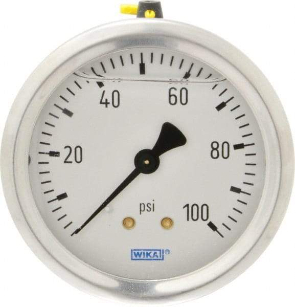 Wika - 2-1/2" Dial, 1/4 Thread, 0-100 Scale Range, Pressure Gauge - Center Back Connection Mount, Accurate to 1.5% of Scale - Exact Tool & Supply