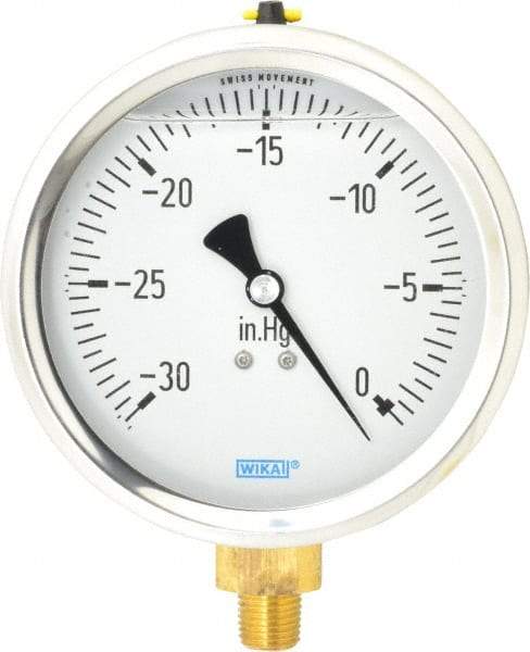 Wika - 4" Dial, 1/4 Thread, 30-0 Scale Range, Pressure Gauge - Lower Connection Mount, Accurate to 1% of Scale - Exact Tool & Supply
