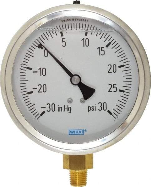 Wika - 4" Dial, 1/4 Thread, 30-0-30 Scale Range, Pressure Gauge - Lower Connection Mount, Accurate to 1% of Scale - Exact Tool & Supply