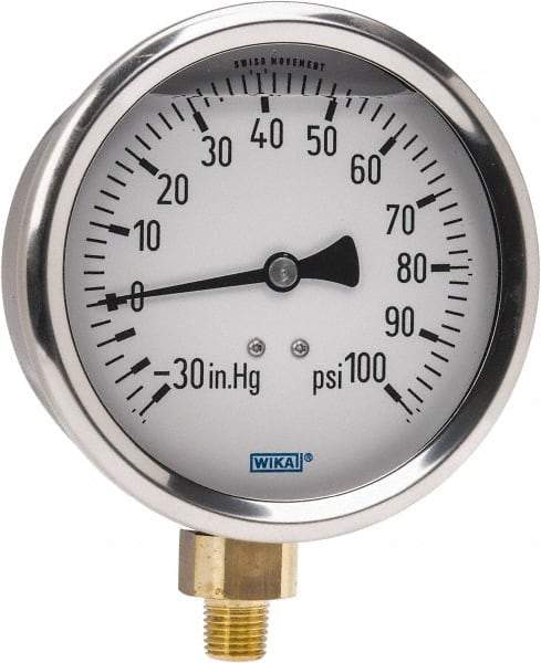 Wika - 4" Dial, 1/4 Thread, 30-0-100 Scale Range, Pressure Gauge - Lower Connection Mount, Accurate to 1% of Scale - Exact Tool & Supply