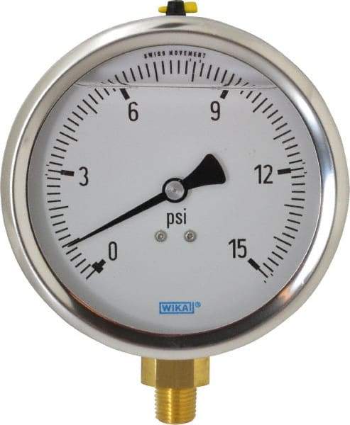 Wika - 4" Dial, 1/4 Thread, 0-15 Scale Range, Pressure Gauge - Lower Connection Mount, Accurate to 1% of Scale - Exact Tool & Supply