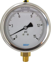 Wika - 4" Dial, 1/4 Thread, 0-15 Scale Range, Pressure Gauge - Lower Connection Mount, Accurate to 1% of Scale - Exact Tool & Supply