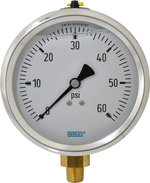 Wika - 4" Dial, 1/4 Thread, 0-60 Scale Range, Pressure Gauge - Lower Connection Mount, Accurate to 1% of Scale - Exact Tool & Supply