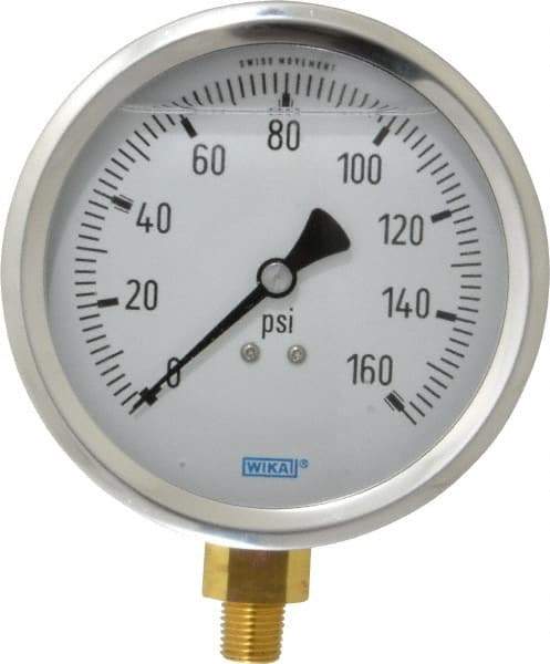 Wika - 4" Dial, 1/4 Thread, 0-160 Scale Range, Pressure Gauge - Lower Connection Mount, Accurate to 1% of Scale - Exact Tool & Supply