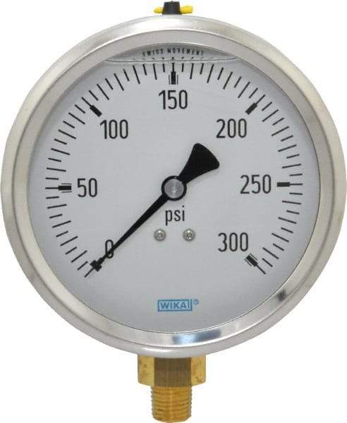 Wika - 4" Dial, 1/4 Thread, 0-300 Scale Range, Pressure Gauge - Lower Connection Mount, Accurate to 1% of Scale - Exact Tool & Supply
