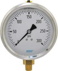 Wika - 4" Dial, 1/4 Thread, 0-300 Scale Range, Pressure Gauge - Lower Connection Mount, Accurate to 1% of Scale - Exact Tool & Supply