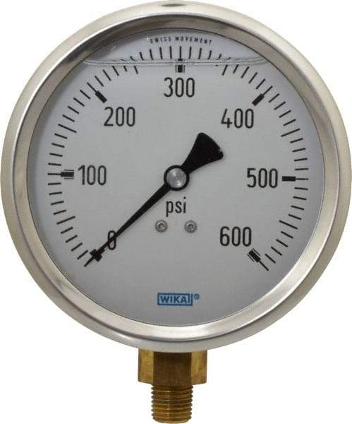 Wika - 4" Dial, 1/4 Thread, 0-600 Scale Range, Pressure Gauge - Lower Connection Mount, Accurate to 1% of Scale - Exact Tool & Supply