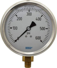 Wika - 4" Dial, 1/4 Thread, 0-600 Scale Range, Pressure Gauge - Lower Connection Mount, Accurate to 1% of Scale - Exact Tool & Supply