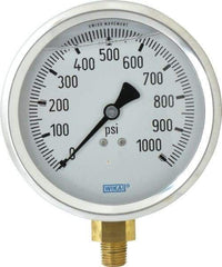 Wika - 4" Dial, 1/4 Thread, 0-1,000 Scale Range, Pressure Gauge - Lower Connection Mount, Accurate to 1% of Scale - Exact Tool & Supply