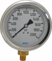 Wika - 4" Dial, 1/4 Thread, 0-2,000 Scale Range, Pressure Gauge - Lower Connection Mount, Accurate to 1% of Scale - Exact Tool & Supply