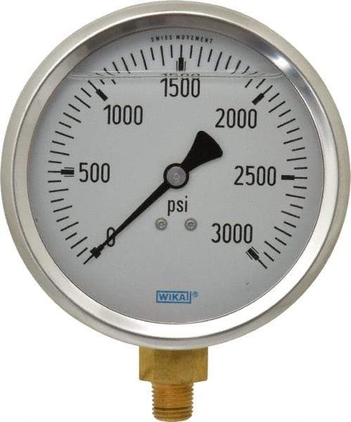 Wika - 4" Dial, 1/4 Thread, 0-3,000 Scale Range, Pressure Gauge - Lower Connection Mount, Accurate to 1% of Scale - Exact Tool & Supply