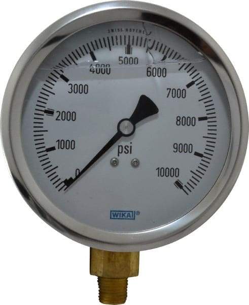 Wika - 4" Dial, 1/4 Thread, 0-10,000 Scale Range, Pressure Gauge - Lower Connection Mount, Accurate to 1% of Scale - Exact Tool & Supply