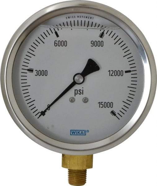 Wika - 4" Dial, 1/4 Thread, 0-15,000 Scale Range, Pressure Gauge - Lower Connection Mount, Accurate to 1% of Scale - Exact Tool & Supply