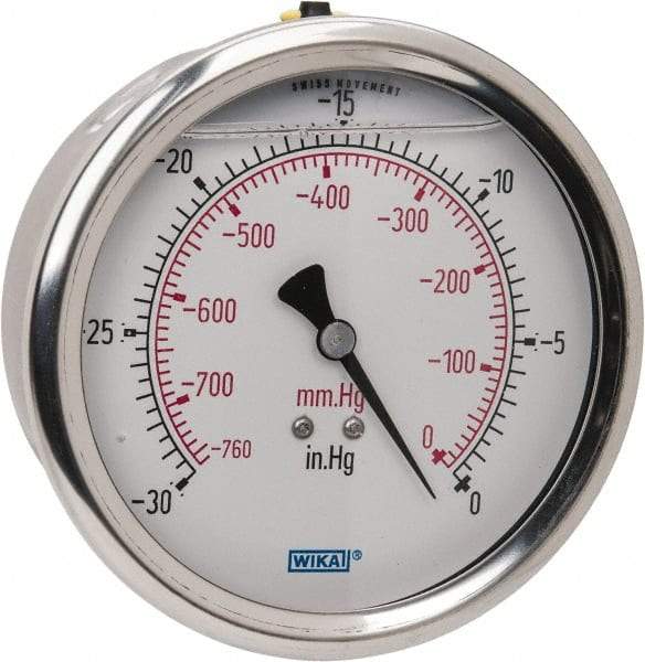 Wika - 4" Dial, 1/4 Thread, 30-0 Scale Range, Pressure Gauge - Lower Back Connection Mount, Accurate to 1% of Scale - Exact Tool & Supply
