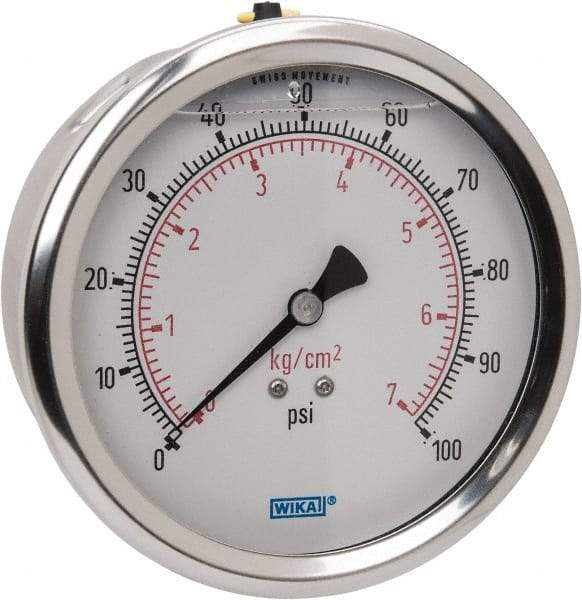 Wika - 4" Dial, 1/4 Thread, 0-100 Scale Range, Pressure Gauge - Lower Back Connection Mount, Accurate to 1% of Scale - Exact Tool & Supply