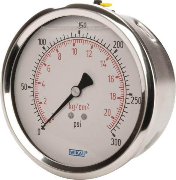 Wika - 4" Dial, 1/4 Thread, 0-300 Scale Range, Pressure Gauge - Lower Back Connection Mount, Accurate to 1% of Scale - Exact Tool & Supply
