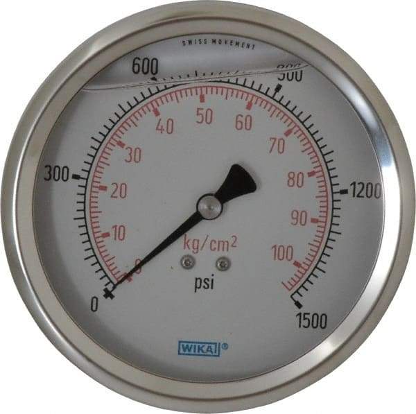 Wika - 4" Dial, 1/4 Thread, 0-1,500 Scale Range, Pressure Gauge - Lower Back Connection Mount, Accurate to 1% of Scale - Exact Tool & Supply