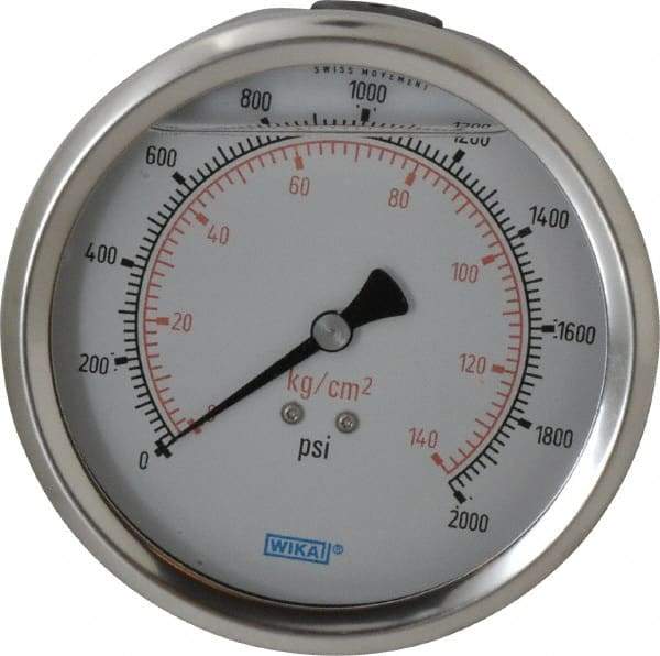Wika - 4" Dial, 1/4 Thread, 0-2,000 Scale Range, Pressure Gauge - Lower Back Connection Mount, Accurate to 1% of Scale - Exact Tool & Supply