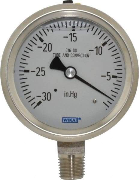 Wika - 2-1/2" Dial, 1/4 Thread, 30-0 Scale Range, Pressure Gauge - Lower Connection Mount, Accurate to 1.5% of Scale - Exact Tool & Supply